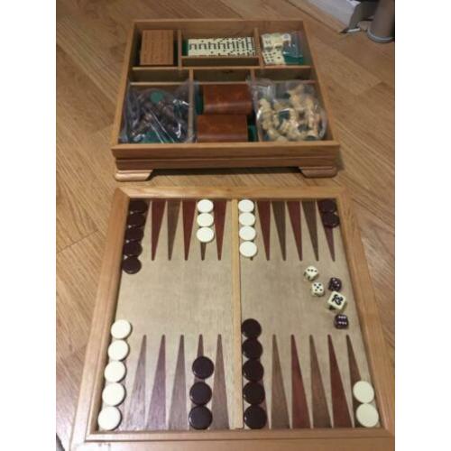 Houten backgammon, dammen en schaken spelkist uniek