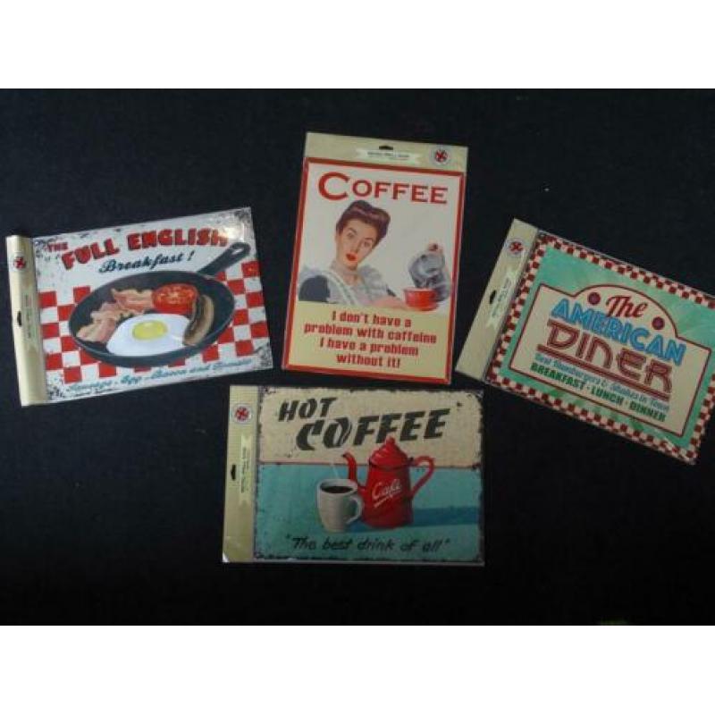 Retro metalen wandborden coffee, dinner en breakfast