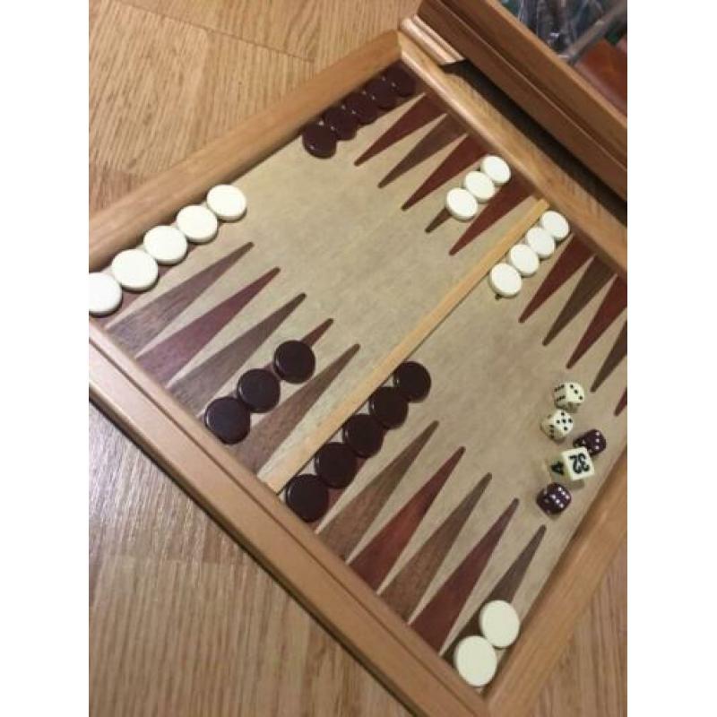 Houten backgammon, dammen en schaken spelkist uniek