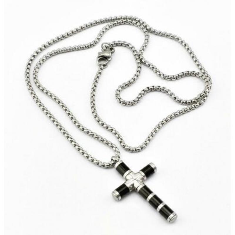 Ketting en Kruis in Roestvrij staal Zilver-Zwart. Nr.1901381