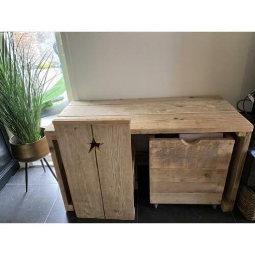 Steigerhouten kinderbureau met stoel en opbergbak