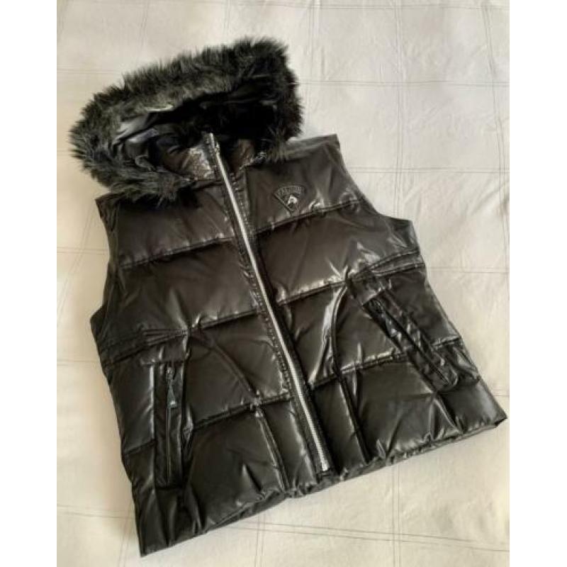 Falcon, prachtige zwarte zgan dames bodywarmer met capuchon