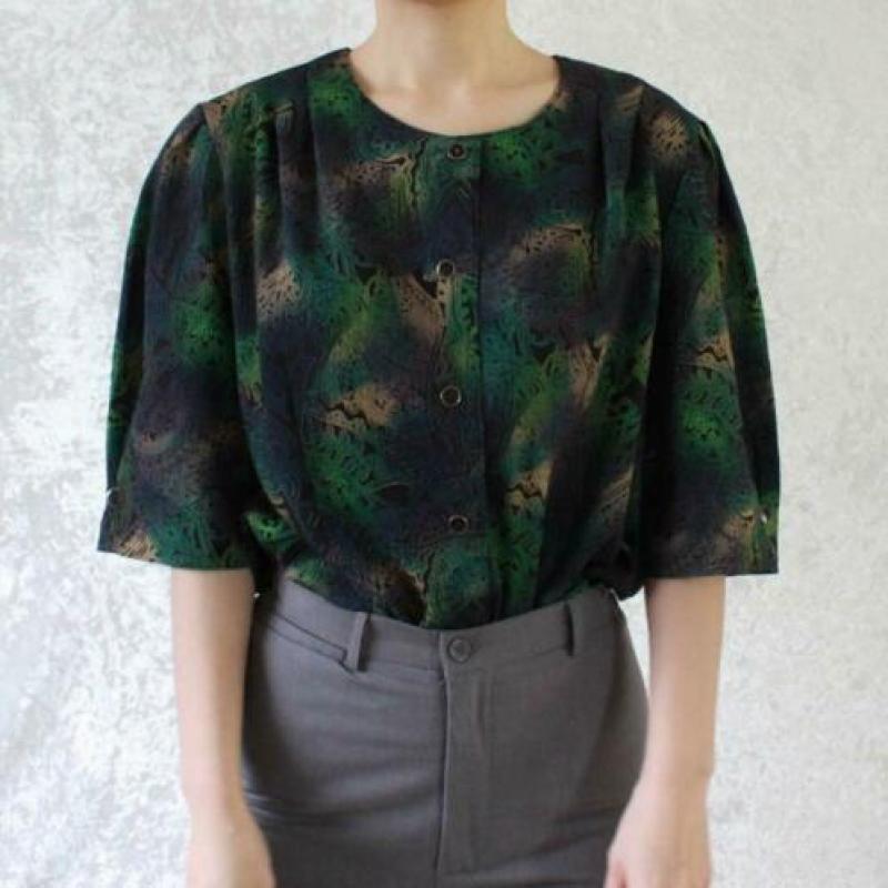 Vintage blouse groen paars zwart