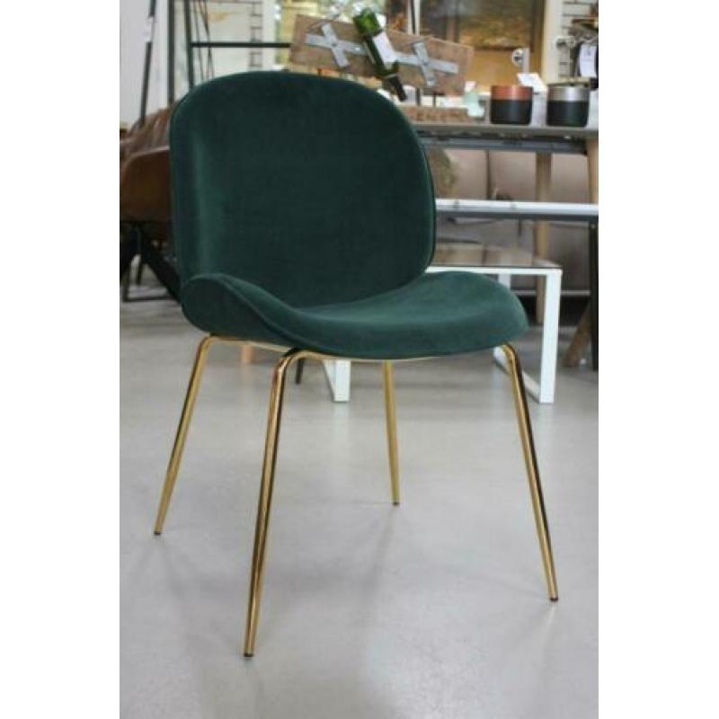 Nieuwe hippe eetkamerstoelen groen blauw fluweel goud velvet