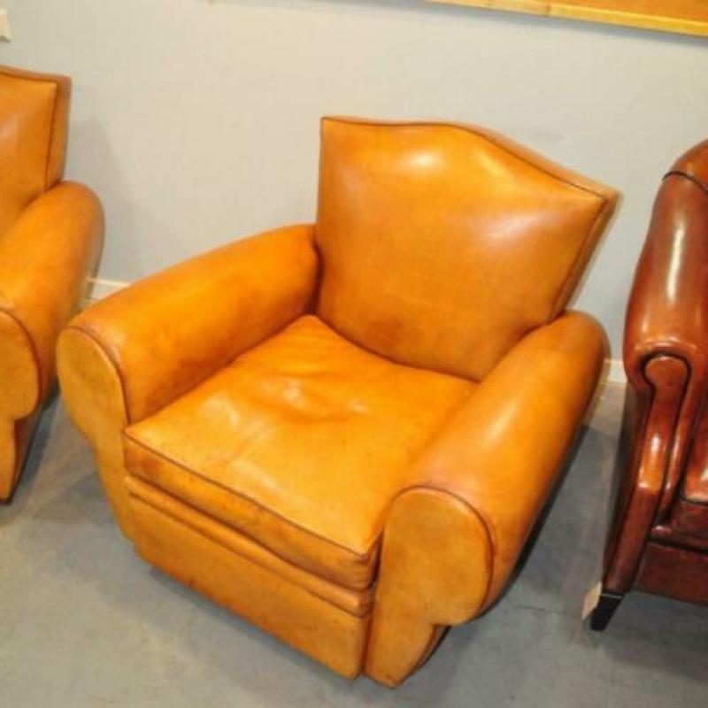 Set Franse A D fauteuils in schapenleer