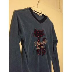 Kat Poes Blauw Badstof Pyjama Shirt Top Maat 152