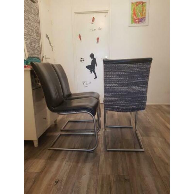 4 dik lederen design eetkamerstoelen zwart leer
