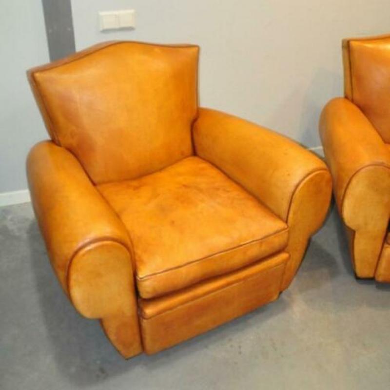 Set Franse A D fauteuils in schapenleer