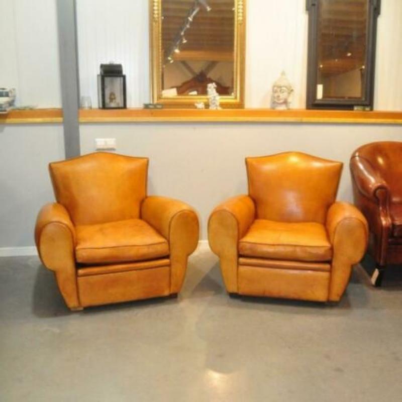 Set Franse A D fauteuils in schapenleer