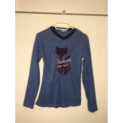 Kat Poes Blauw Badstof Pyjama Shirt Top Maat 152