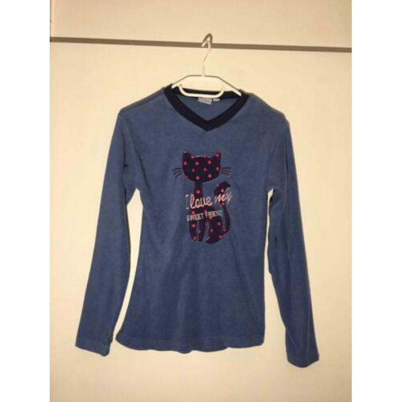 Kat Poes Blauw Badstof Pyjama Shirt Top Maat 152