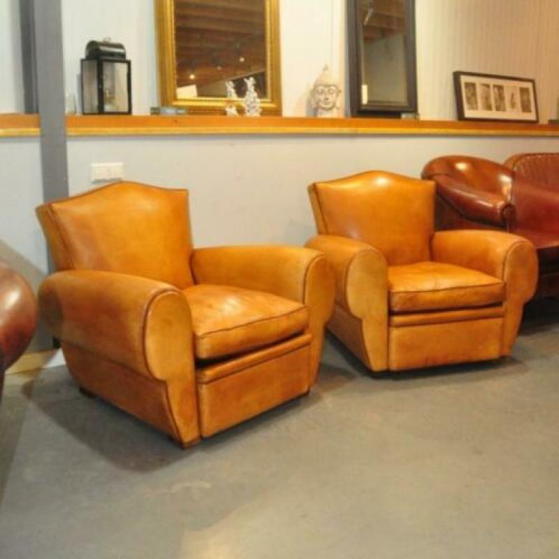 Set Franse A D fauteuils in schapenleer