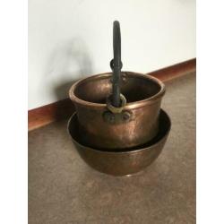 vintage ketel houtemmer met kom openhaard accessoires koper