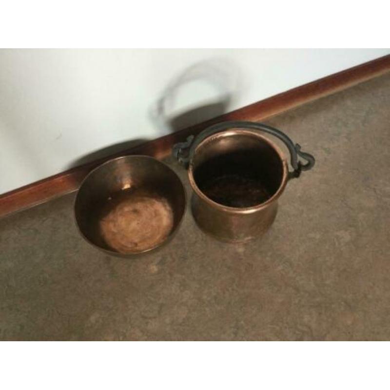 vintage ketel houtemmer met kom openhaard accessoires koper