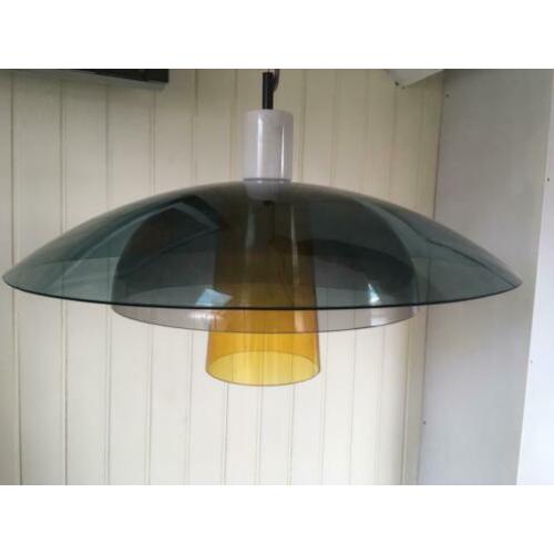 Lab hanglamp, turkoois, diepgrijs en mosterdgeel glas MADE