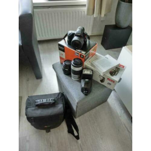Sony A37 + 50mm f1.8, 75-300mm, 28-70mm, flitser, tas, 64GB
