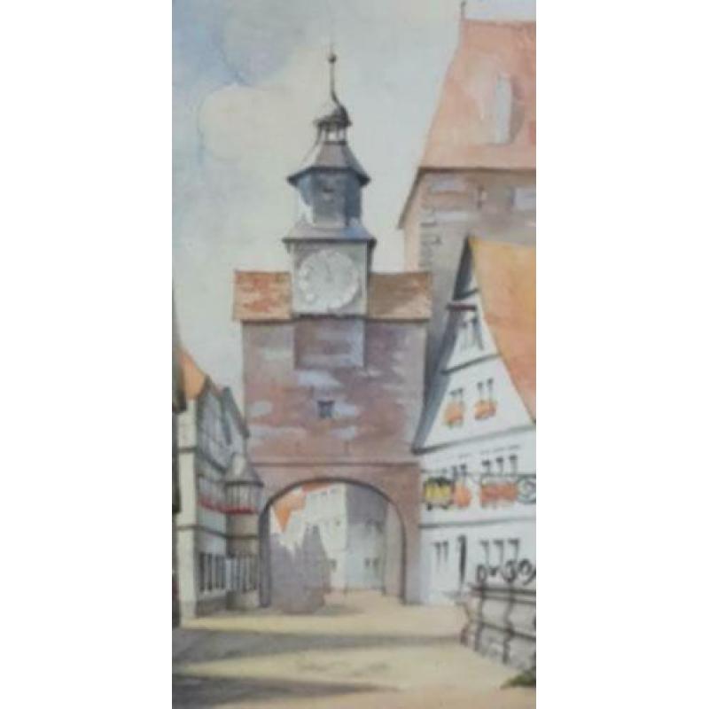 Aquarel Jan H. Schoenmakers Markusturm Rothenburg Tauber