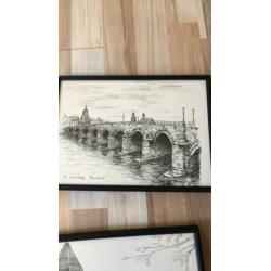 Set drie tekeningen Maastricht- kunststof lijstjes