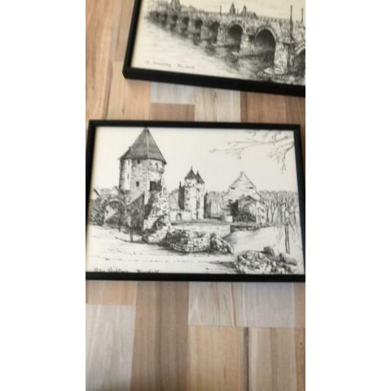 Set drie tekeningen Maastricht- kunststof lijstjes