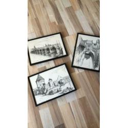 Set drie tekeningen Maastricht- kunststof lijstjes