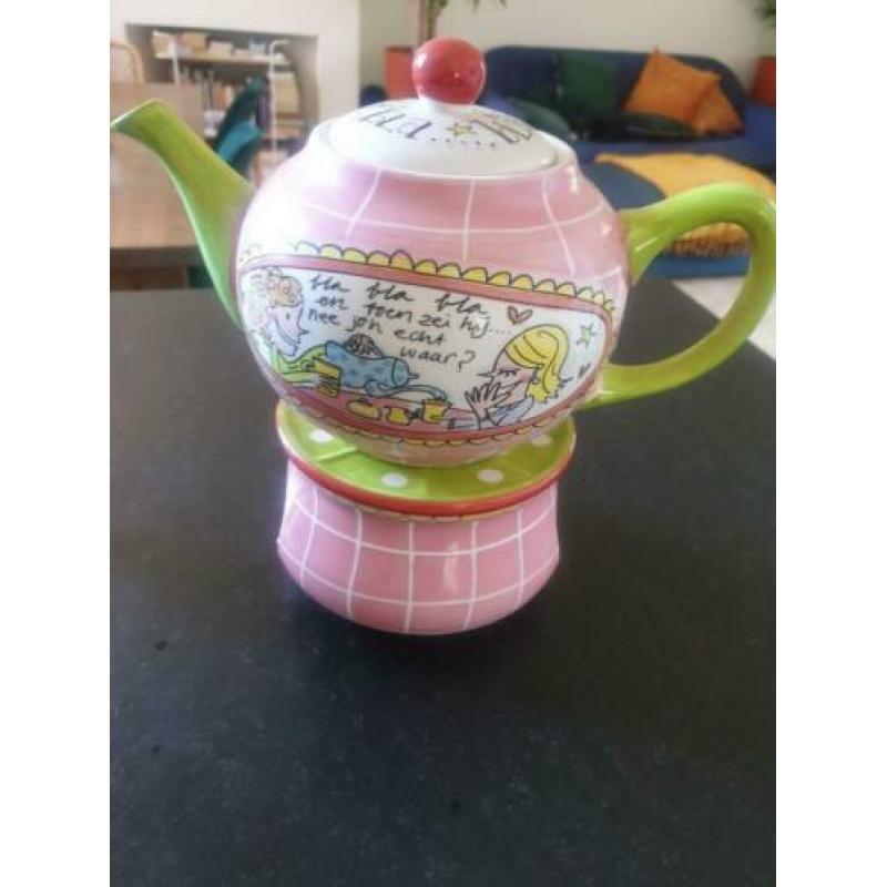 Theepot en onderzetter "Blond Amsterdam" + theepotje blauw