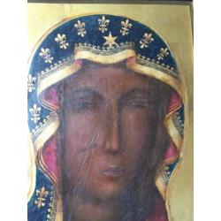 Schilderij van de zwarte Madonna van Czestochowa op ijzer.