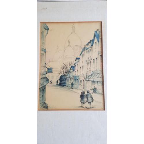 Antieke gravure schilderij place du tertre montmarte paris