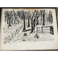 Tekening winterlandschap gemengde techniek gesign J L Mesman