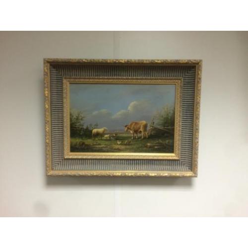 Mooi schilderij op paneel koe schapen en kippen, Heesakkers