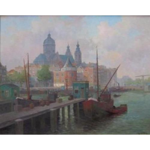 doek 80 x 100 cm=stadsgezicht A"DAM=Jan Knikker jr 1911-1990